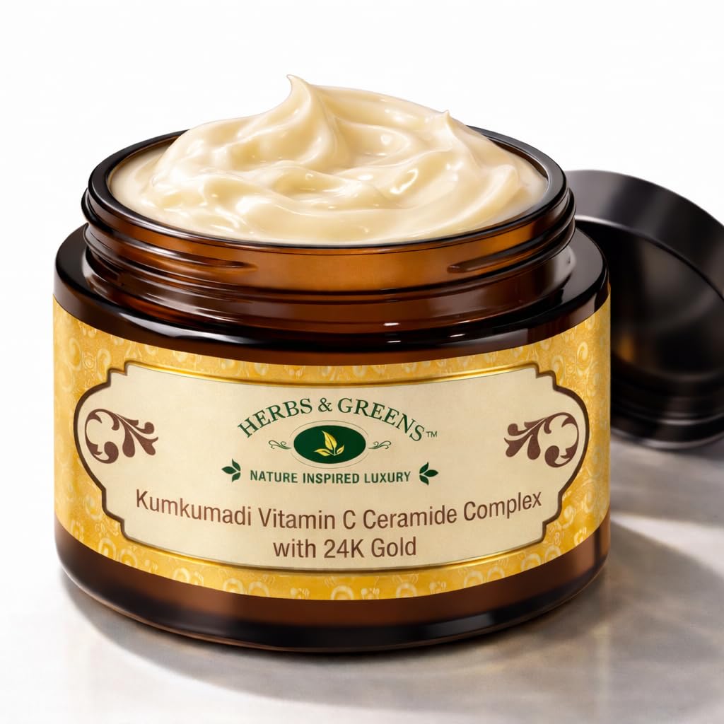 Kumkumadi Vitamin C Ceramide Complex with 24K Gold | Anti Aging Skin Brightening Moisturizer for Glow | Natural Face Cream for Woman & Men | Barrier Repair & Radiance Booster | All Skin Types | Day & Night | 50 gm