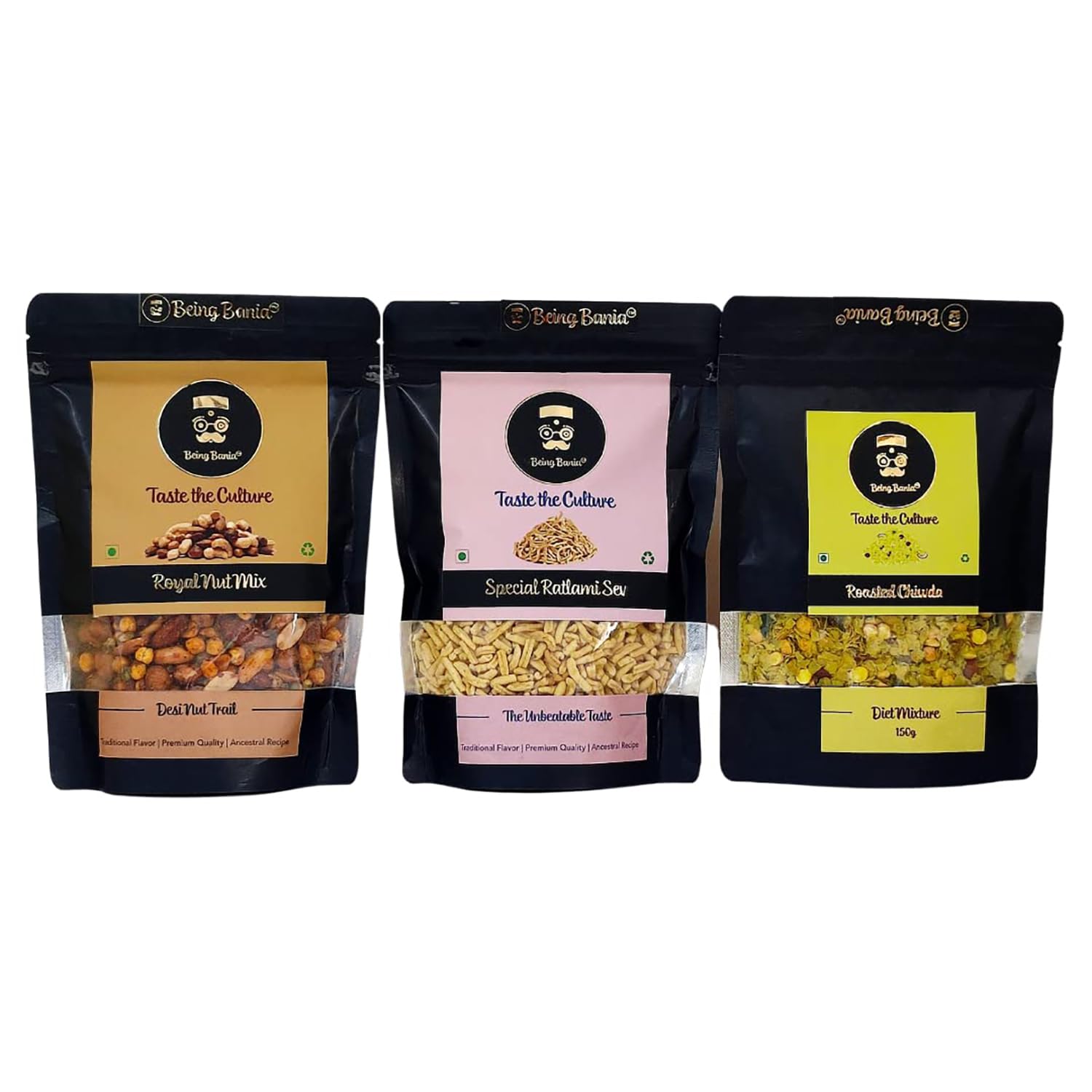 Being BaniaIndian Namkeen Combo - Nut Mix | Roasted Chiwda | Special Sev | Premium and authentic taste | Made in Groundnut oil | Healthy Snack Namkeen for Diet
