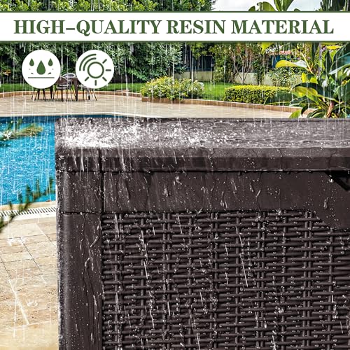 Image of Greesum 100 Gallon Resin Deck Box Large Outdoor Storage, Imitation Rattan Weave Texture for Patio Furniture, Garden Tools, Pool Supplies, Weatherproof and UV Resistant, Lockable, Dark Brown