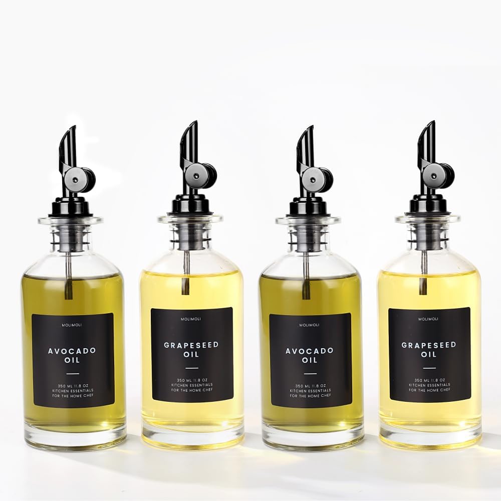 Molimoli Olive Oil Dispenser Bottle for Kitchen - Glass Bottle With Weighted Pourer, Cruet Set of 4 | 350ml