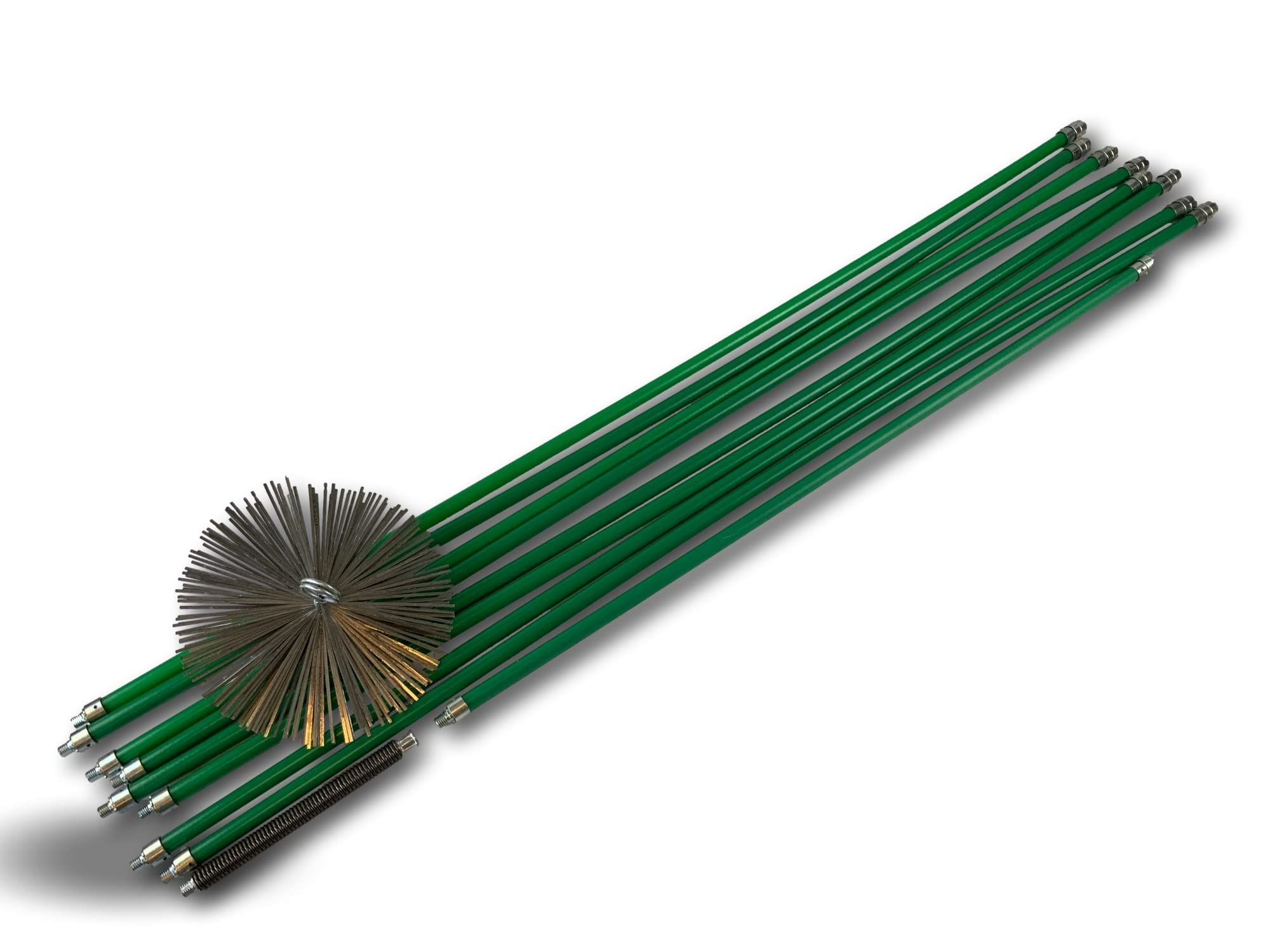 Kit Profesional de Limpieza para conductos no revestidos | Cepillo de Acero | Ø 250 mm | 12 m con 9 Varillas autobloqueantes Ø 18 mm Huecas | Resorte de Inicio | Chimeneas | Kibros 5KIT25ALO | Cañas verdes Ø 18 mm huecas 8×1,4 m+1×1 m, muelle de salida, c