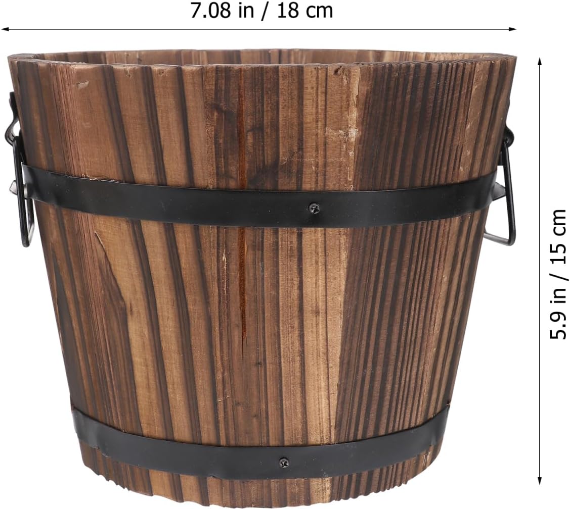 DOITOOL Rustic Wooden Barrel Planter: Wood Whiskey Barrel Bucket Flower Pots Indoor Outdoor Plants Boxes Container for Home Garden Patio Backyard - 7.08 x 5.9 x 5.1 inches