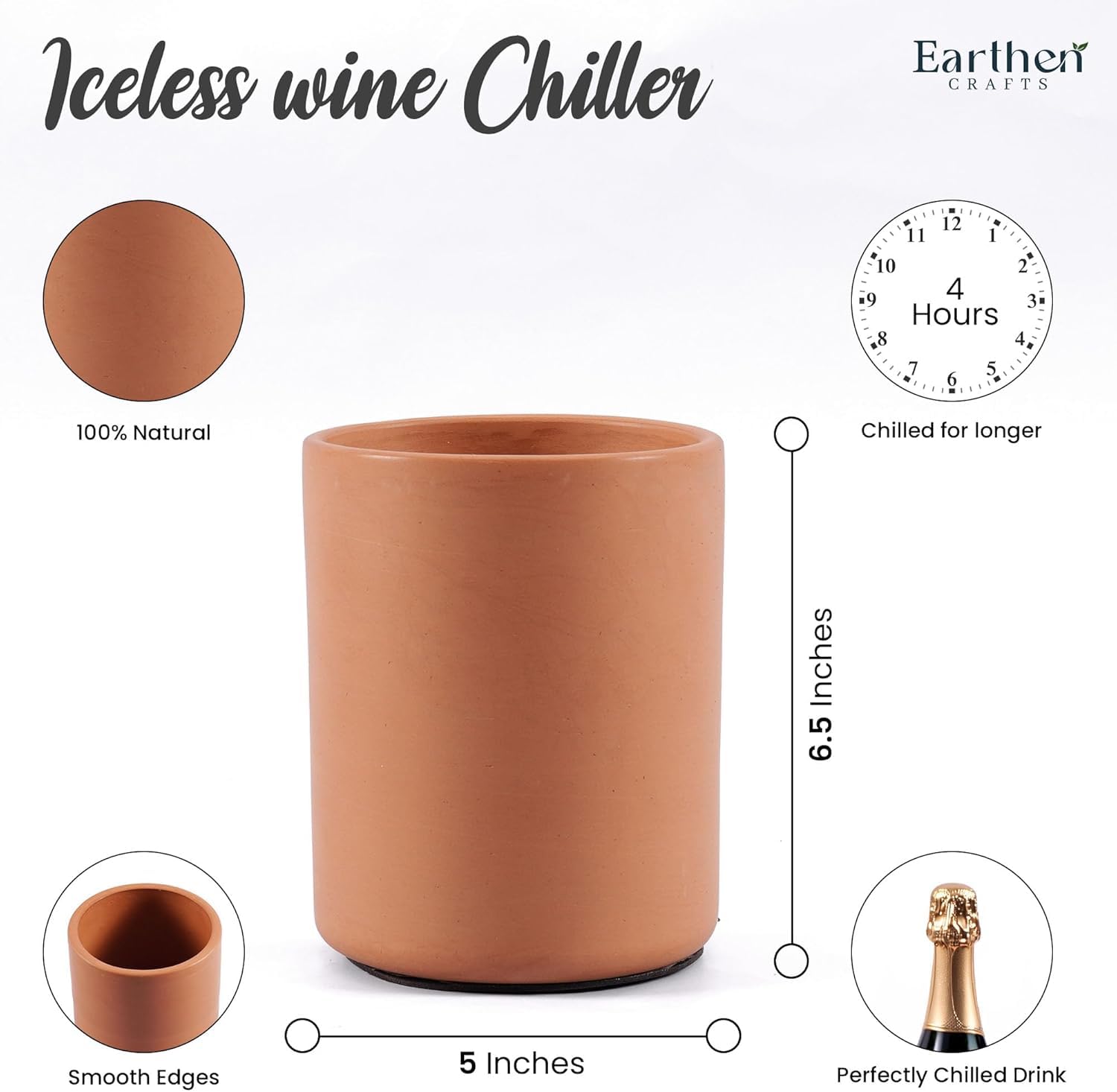Enfriador de vino de terracota de 6.5 pulgadas de arcilla natural | Soporte aislado para botellas de vino y champán para botellas de vino sin hielo para accesorios de bar