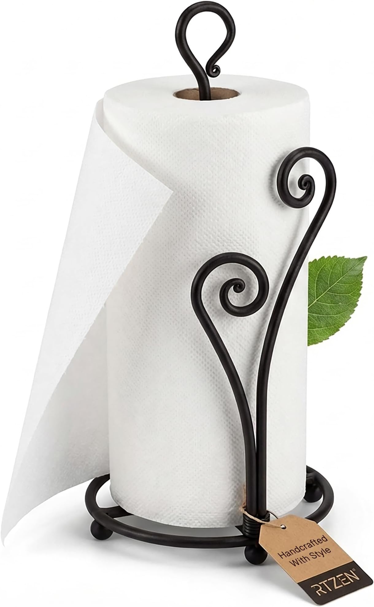 RTZEN Matte Black Paper Towel Holder Countertop - Decorative Farmhouse Paper Towel Roll Holder - Rustic Metal Modern Stand for Kitchen or Bathroom (Heart Shaped)