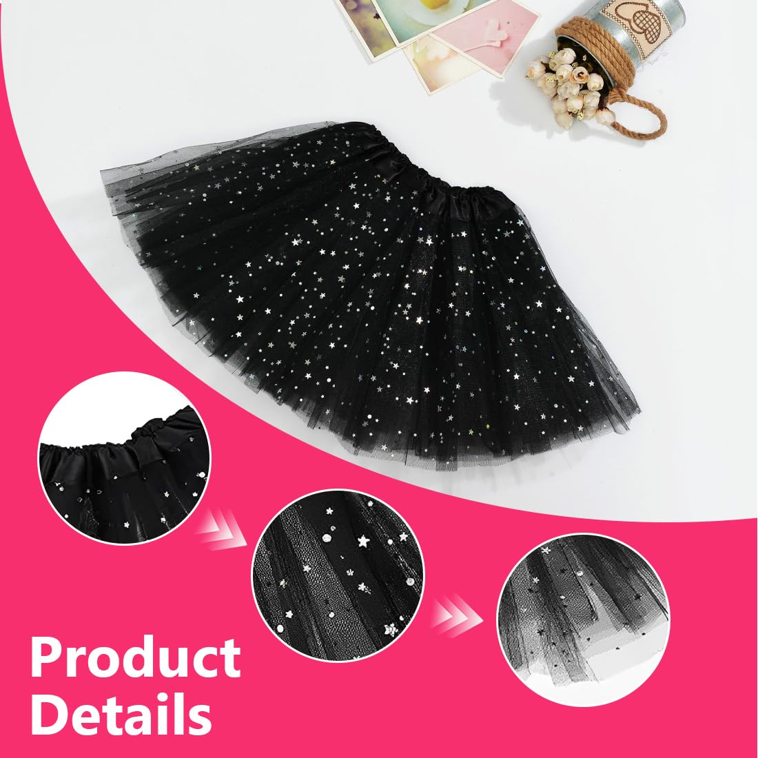 NHQZ Gonna Tulle per Bambine, Tutu Skirt per Ragazze 2-8 Anni, Nero, Tulle Poliestere, Vita Elastica, 30 cm, Per Feste e Spettacoli