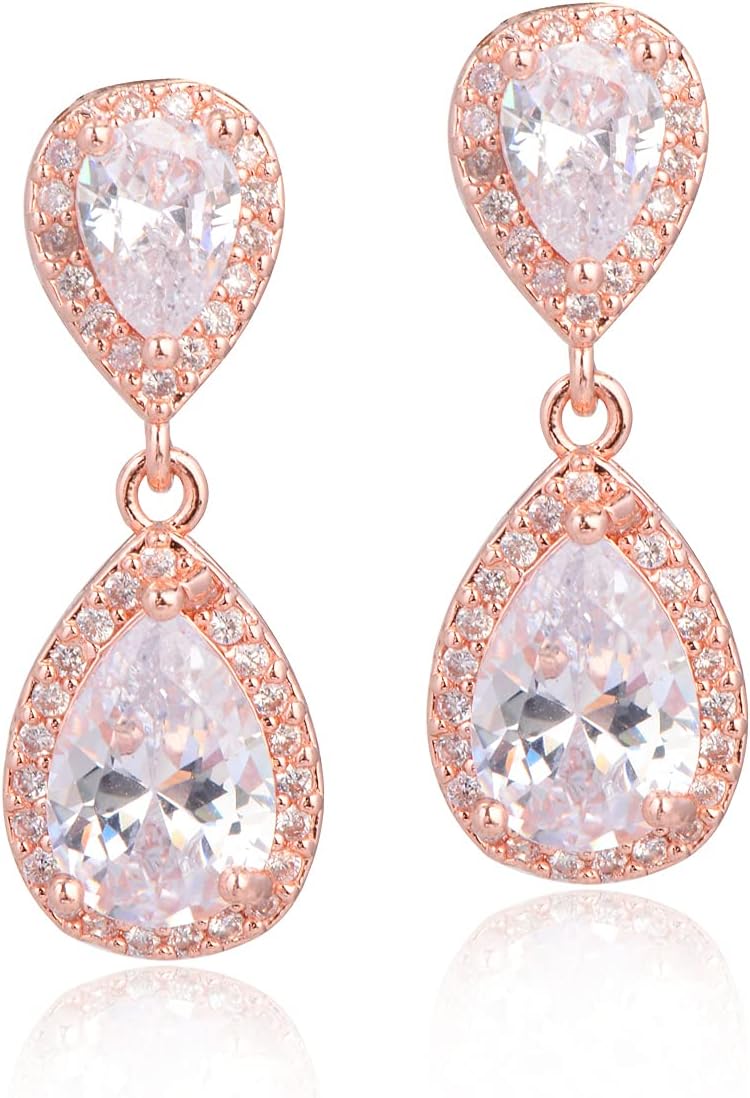 MycittaPave Teardrop Earrings for Wedding Sterling Silver Double Pear Shaped CZ Cubic Zirconia Crystal Rhinestone Birthstone Dangle Earrings Bridal Jewelry for Bride Bridesmaids
