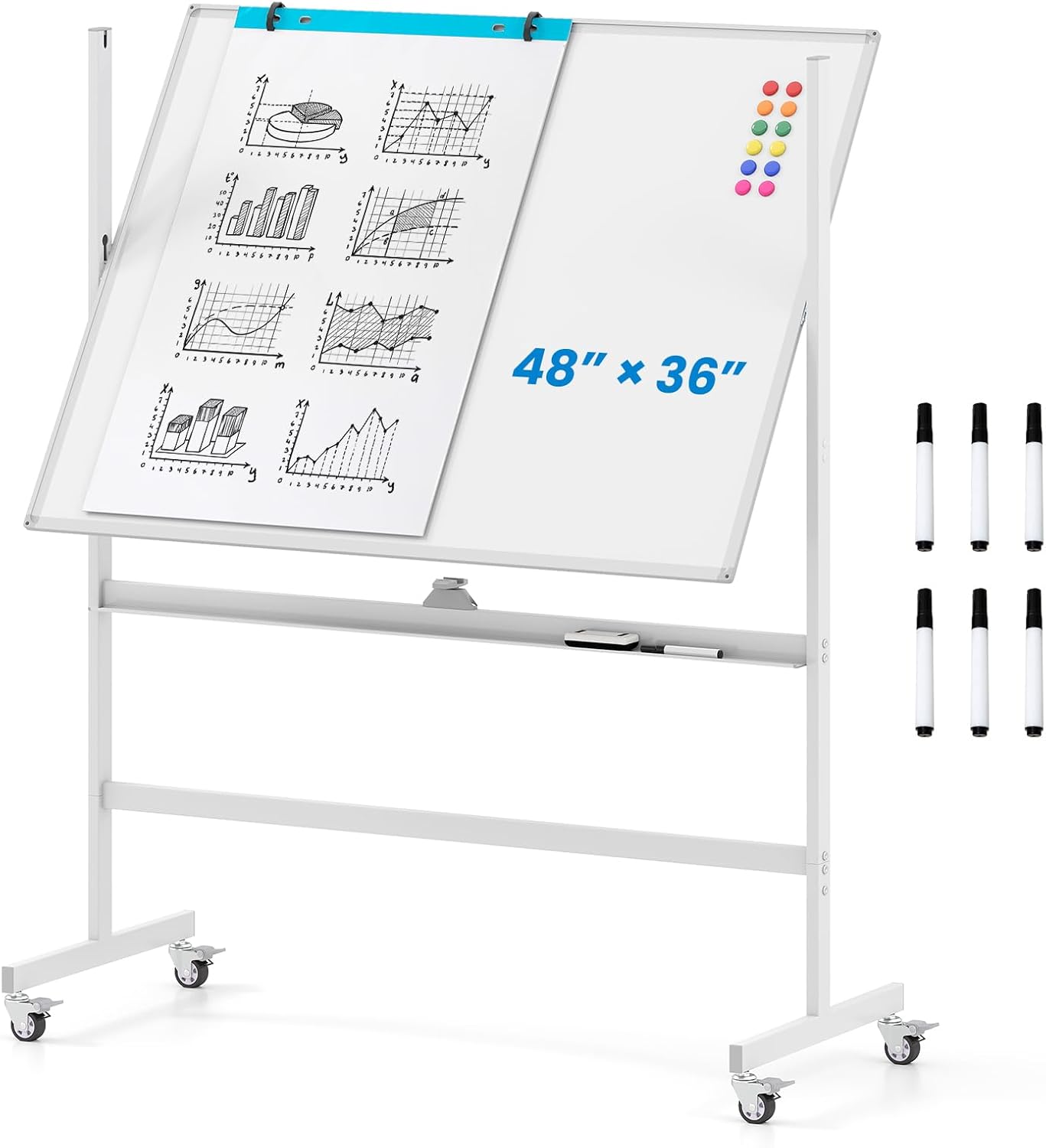 Rolling Whiteboard on Wheels, 48" x 36" Double Sided Whiteboard with Flipchart, 6 Makers & 12 Magnets, Height-Adjustable Portable Magnetic Dry Erase Board for Classroom & Office (White)