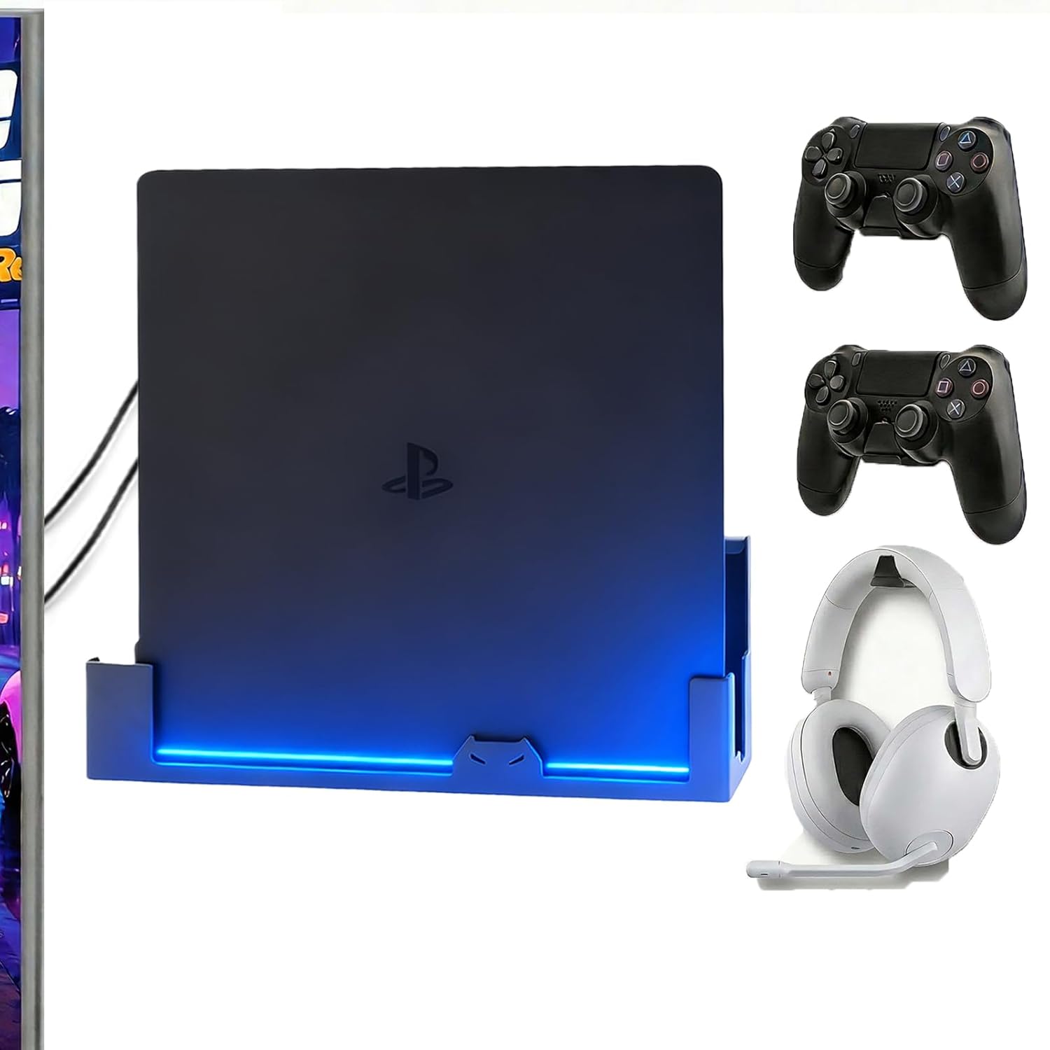 GETYEA Wall Mount for PS4 Slim with 3 Detachable Controller Holders, PS4 Accessories,Compatible with PlayStation 4 Slim(Mounts PS4 Slim by TV)