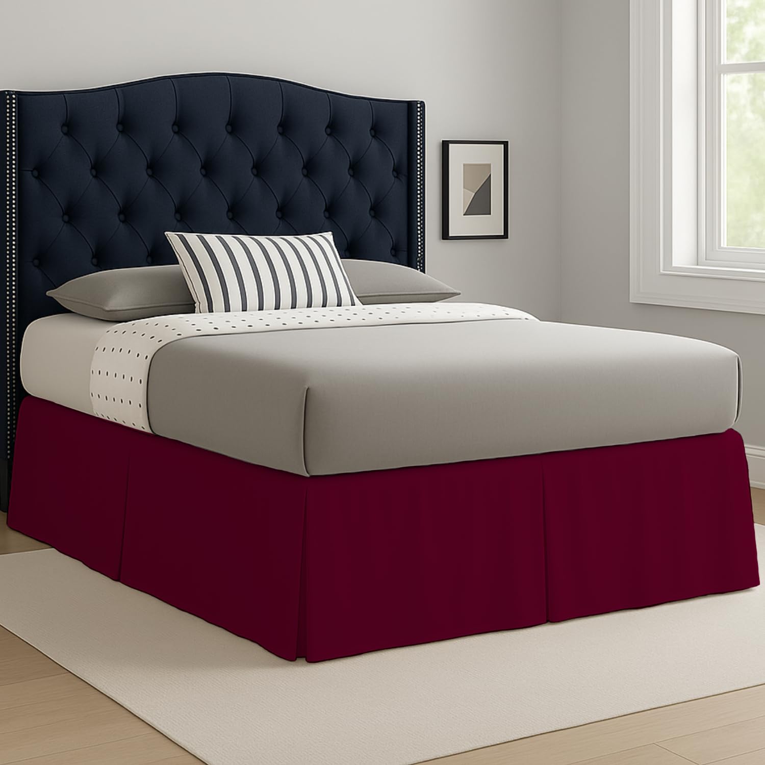 Laam Linen Burgundy Easy Care Plain Dyed Polycotton Pleated Base Valance Sheet Hotel Quality Bedding Sets (, Single)