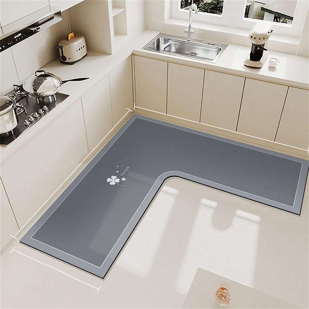 Treer Kitchen Rug Kitchen Floor Mat L-shaped Non Slip Washable Waterproof Anti-Fatigue Standing Mat Diatom Mud Long Carpet for Hallway Sink Laundry Office Entryway (Clover gray,70x70x45cm)