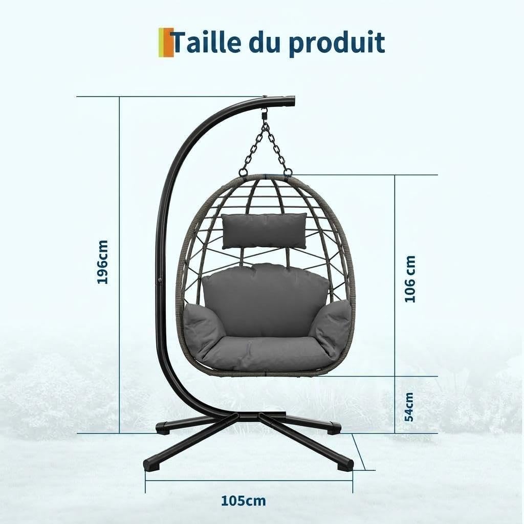 Fauteuil Suspendu en Rotin Synthétique avec Support – Chaise Œuf Suspendue avec Coussin Épais, Hauteur Réglable, Structure Stable en Métal, pour Jardin, Balcon, Terrasse, Salon Intérieur Et Extér