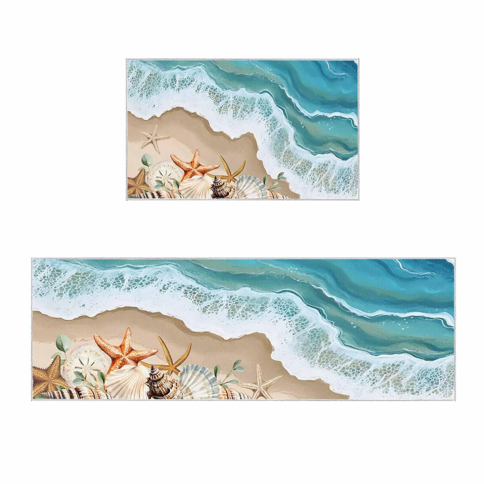 2 Pieces Kitchen Rugs and Mats,Nautical Coastal Ocean Wave Area Runner Rug Set Non Slip Floor Doormat Washable Carpet Standing Mat for Kitchen Sink Indoor Corridor,Summer Beach Seaside Starfish Shell
