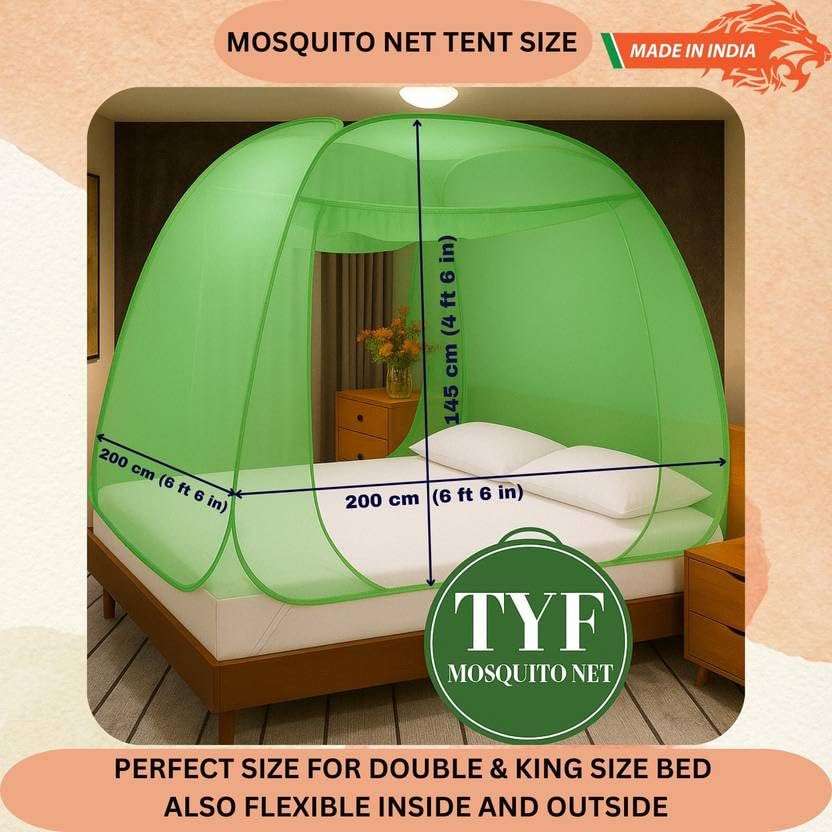 Image of TYF Mosquito Net for Bed Made with Polyester Material | Foldable Mesh Design | Lightweight and Portable Structure | Easy to Use Green (6.15 Feet X 6.15 Feet) Double Bed
