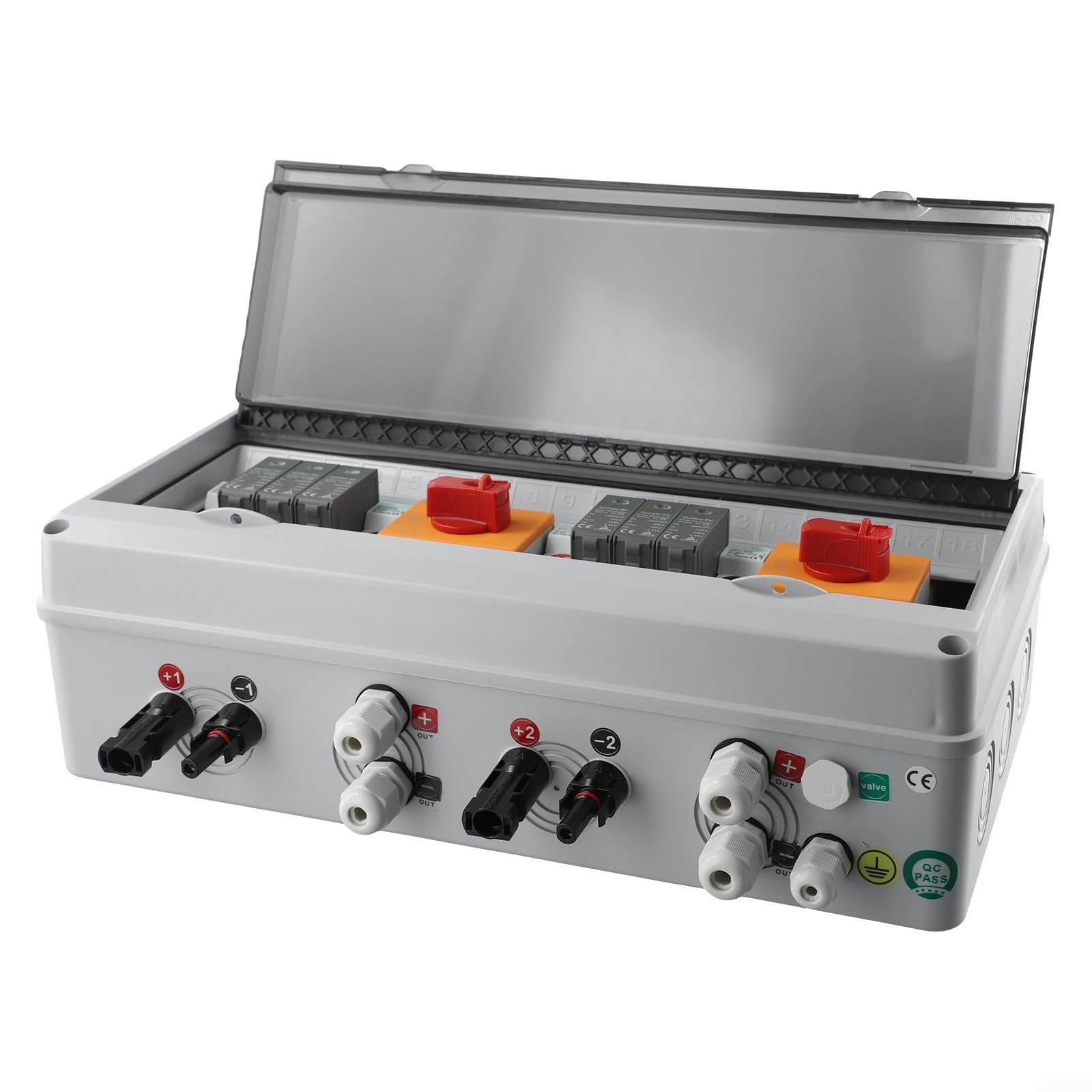 IP65 impermeable Solar PV Combiner Box 1000V 2 String 2 In 2 Out para sistemas fotovoltaicos residenciales en la azotea, equipado con componentes confiables de CC, protección contra sobretensión y