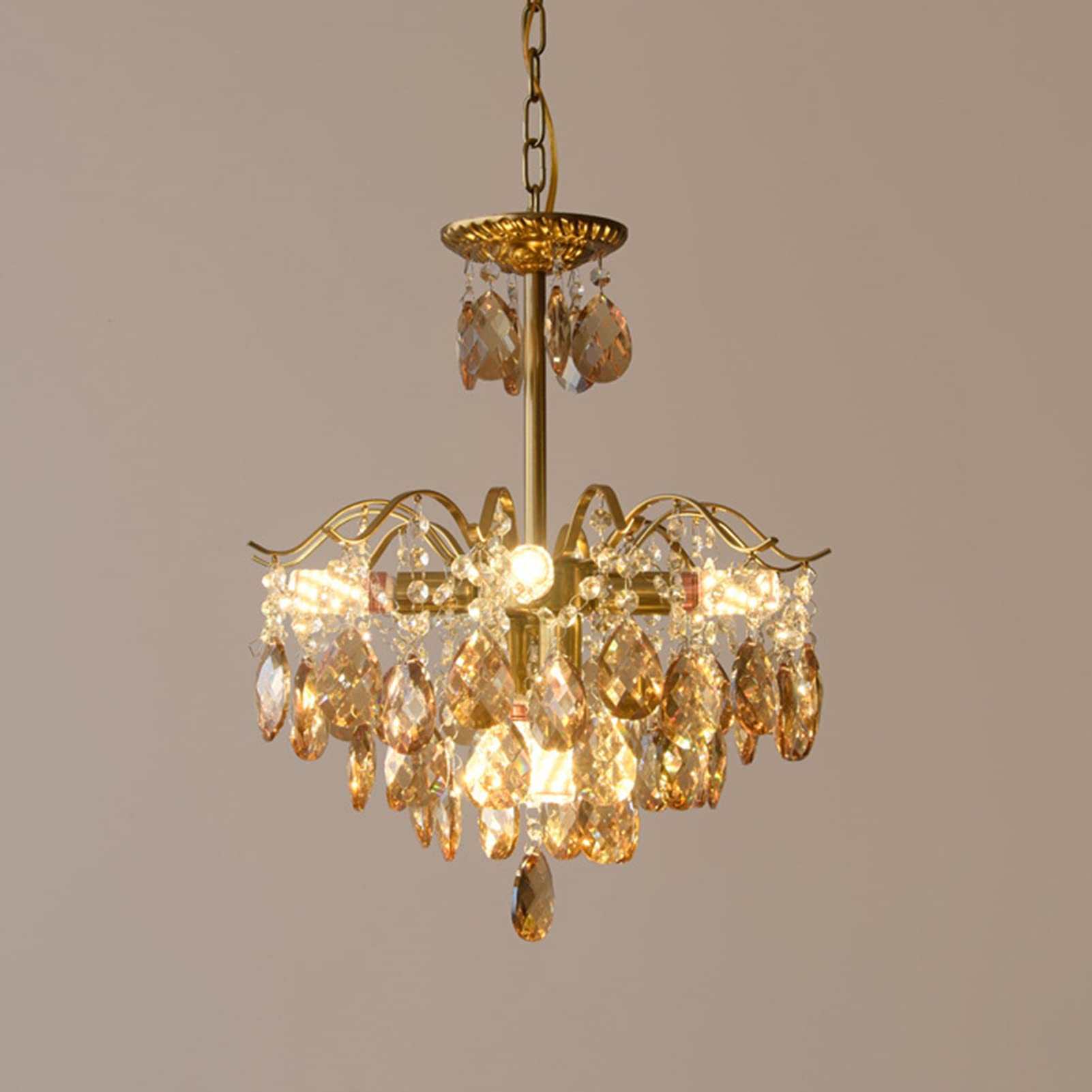 FZQSXAZU Vintage Crystal Raindrop Chandelier Pendant Light, LED Modern Luxury Ceiling Light E14 Fixture for Dining Room, Bathroom, Bedroom, Living Room Amber-6 L
