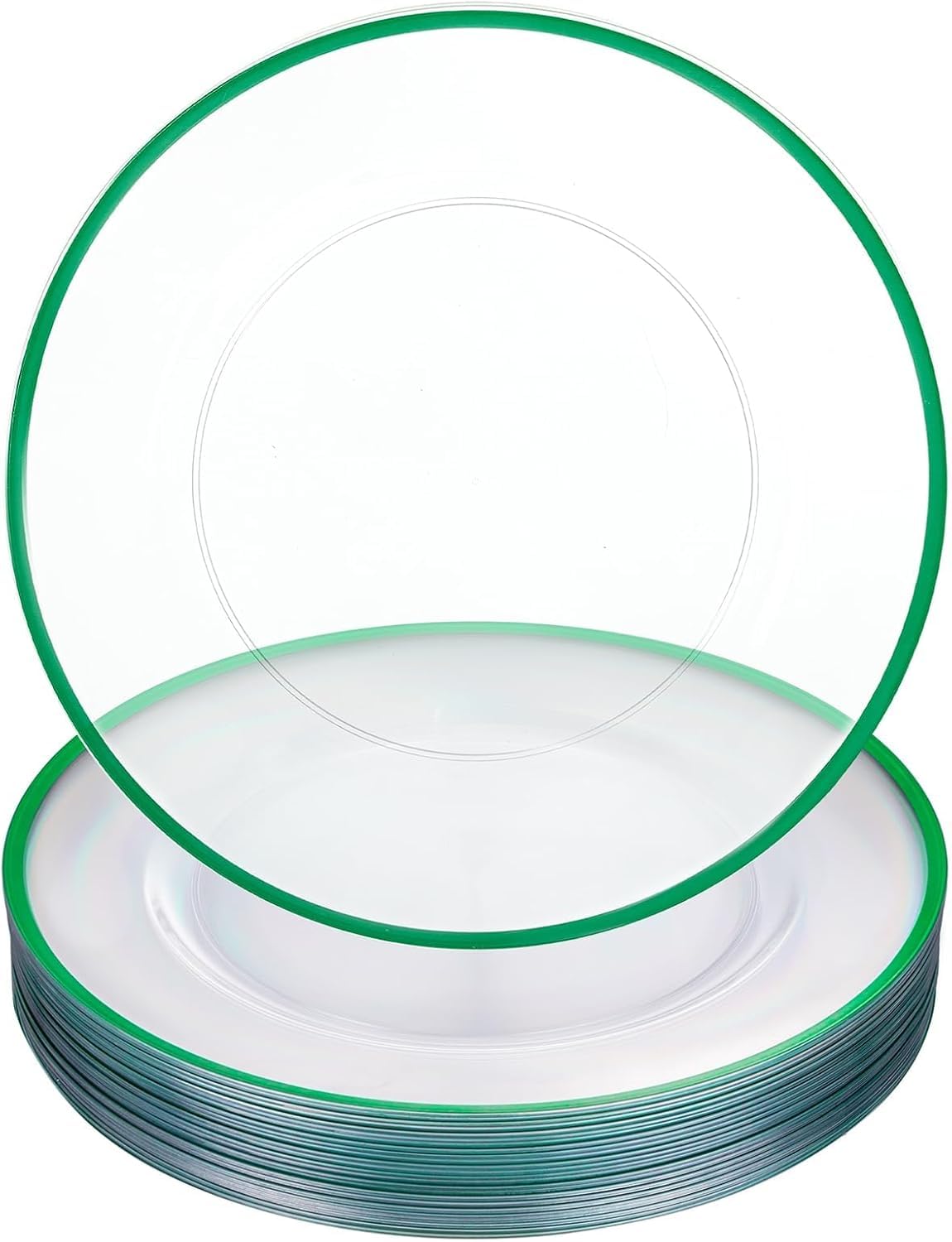 WDF 12 Inch Green Charger Plates - Charger Plates Bulk - 25Pack Plastic Clear and Green Charge Plate Perfect for Dinner/Wedding/Party