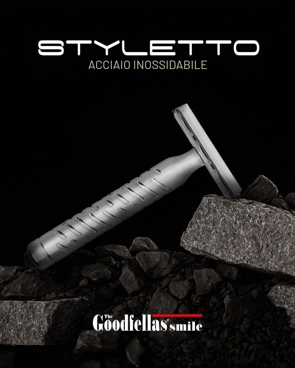 The Goodfellas' Smile Styletto V2 - Rasoio di sicurezza 100% acciaio inox, finitura opaca, prodotto in Italia, moderno rasoio a doppia lama inclinata per una rasatura precisa, efficiente e