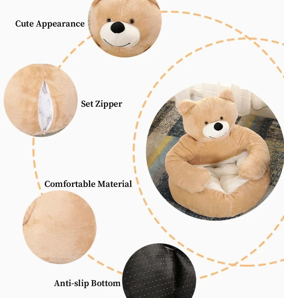 Teddybär-Hundebett – Plüsch-Haustier-Sofa für kleine Hunde und Katzen, 2025 Upgrade mit Armen und abnehmbarer Kühlmatte, waschbares, flauschiges Welpenbett mit rutschfester Unterseite (Beige, XL: 77