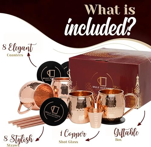Miniatura 3 de Juego de 8 tazas de Mule Science Moscow Mule Mule (16 onzas) | Juego de tazas de barril sólido 100% cobre con 8 pajitas, 8 posavasos y 1 vaso de