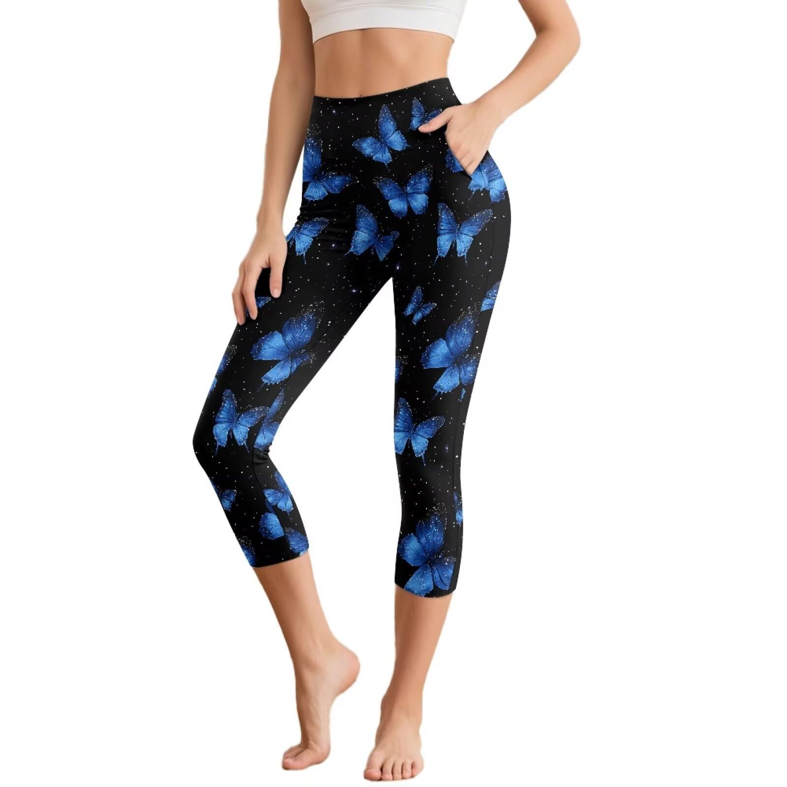 NRBEAWD Women's Yoga Pants with Pockets High Waisted Capri Leggings Butterfly Blue Leggings Tummy Control Workout Cycling Pants