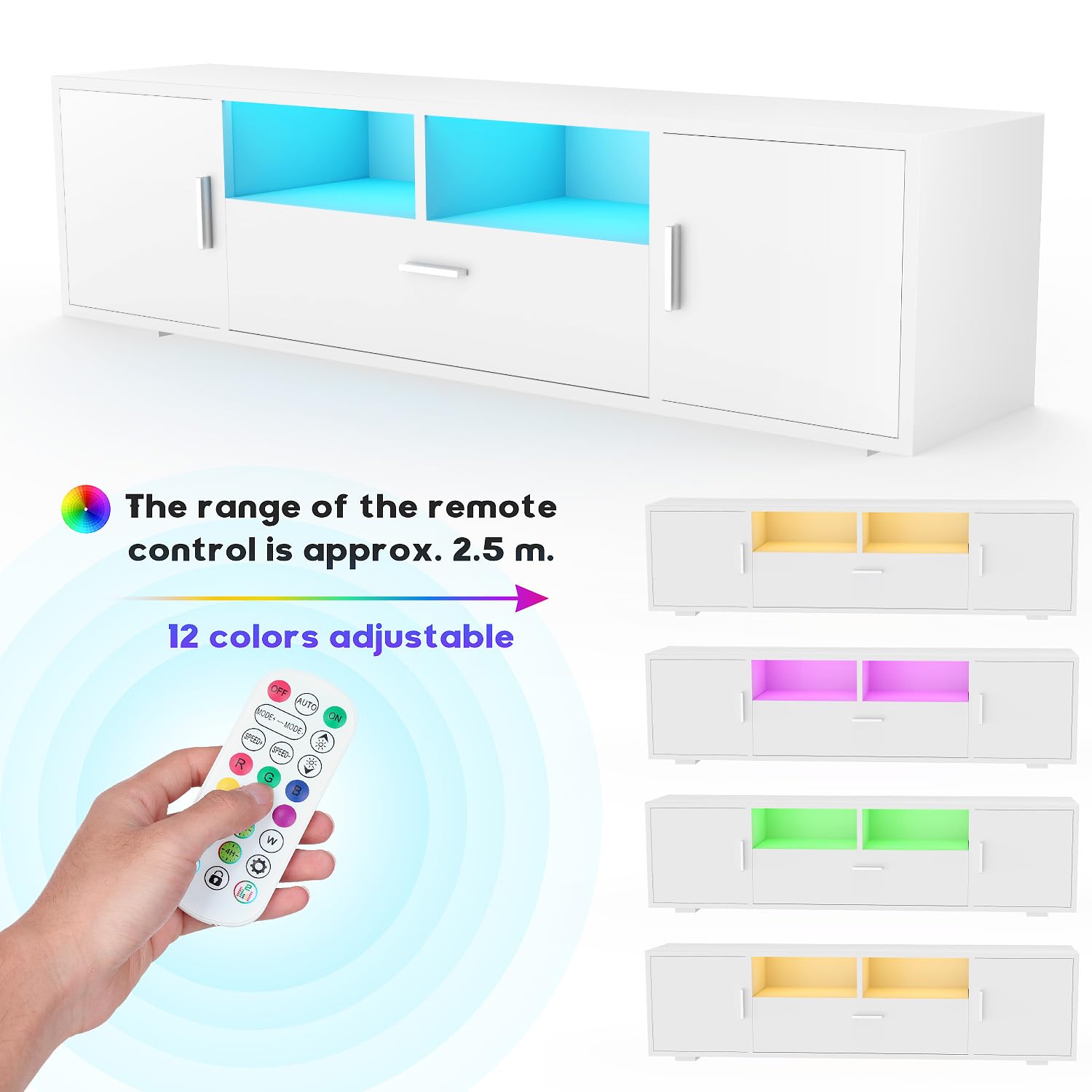 TV-Schrank LED, TV Lowboard mit Großem Stauraum, Fernsehtisch mit RGB LED-Beleuchtung, TV Board für Wohnzimmer Schlafzimmer, Weiß 160x 35 x 40 cm