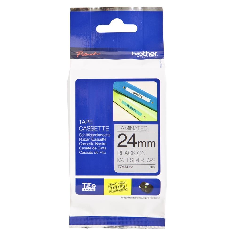 Brother TZe-M951 Labelling Tape Cassette, 24 mm (W) x 8 m (L), Laminated, Brother Genuine Supplies - Black on Matt Silver