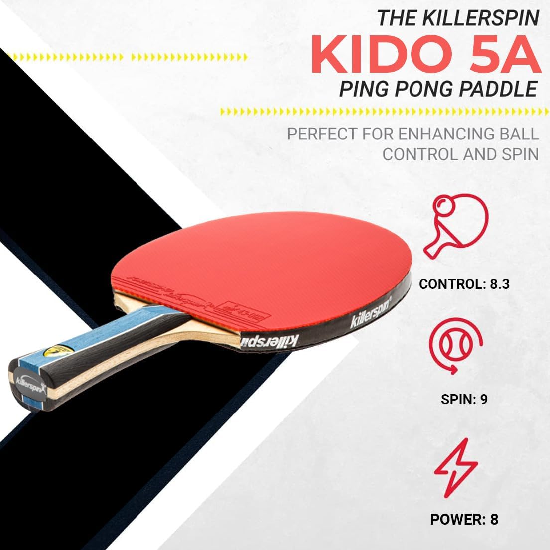 Killerspin KIDO 5A RTG Premium (Straight or Flared) Table Tennis Racket Professional, ITTF-Approved, Hard Paddle, Made of 5-Ply Wood, Dual-Colored in Red and Black