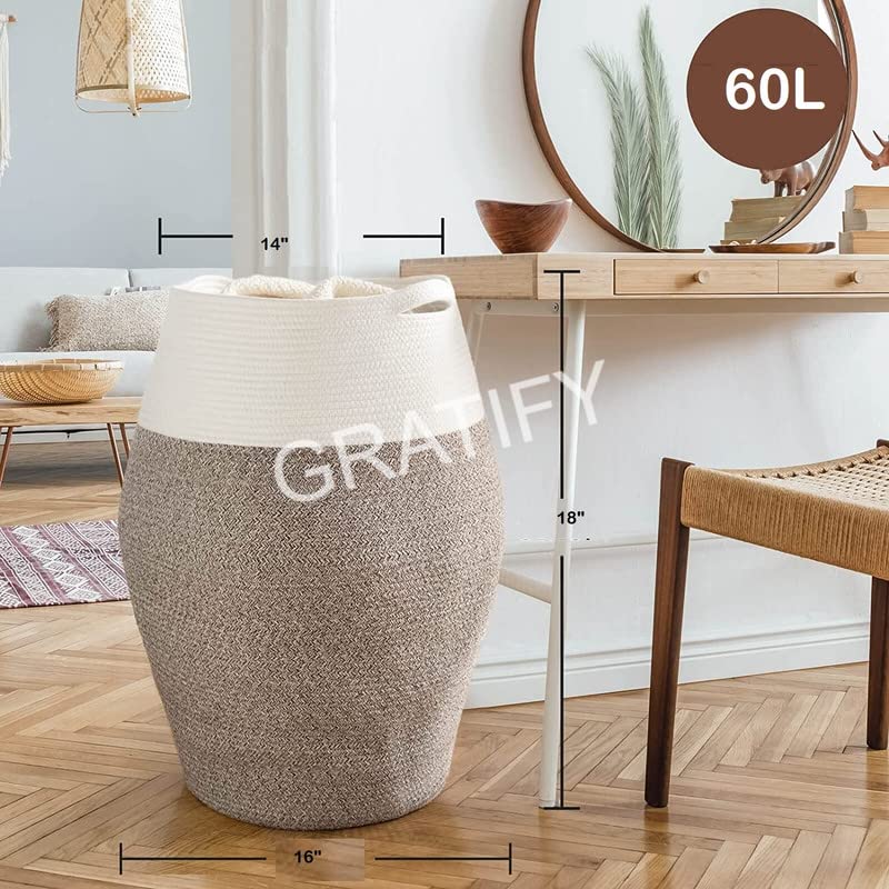 Image of GRATIFY Tall Laundry Hamper | Woven Jute Rope Dirty Clothes Hamper Modern Hamper Basket Large in Laundry Room, (Mix White 18x 16 Inch)