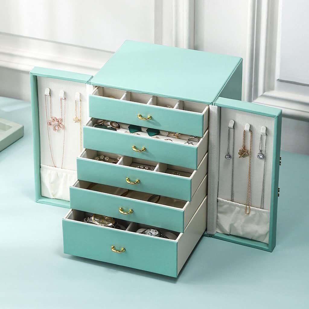 Joyero Organizador con 5 cajones y Puertas Dobles, Estuche de Cuero para Guardar Anillos, Pendientes, Collares y Relojes.