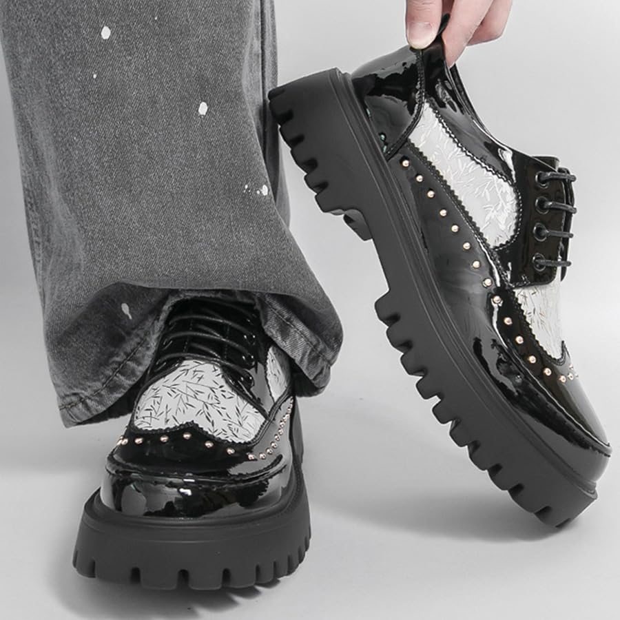 Image of Men's Patent Leather Platform Dress Shoes Classic Round Toe Thick Lug Sole Lace Up Oxfords Comfort Block Heel Derby Business Casual Shoes