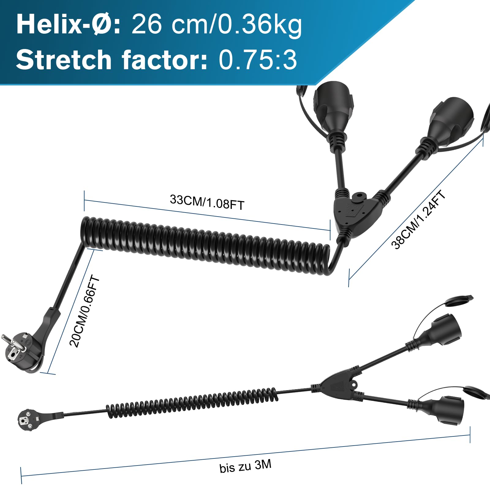 Rallonge spiralée, IP20, étanche, 1 à 2 contacts de protection, câble spiralé, extensible de 3 m Max, rallonge avec 2 prises Schuko (250 V/16 A, noir)