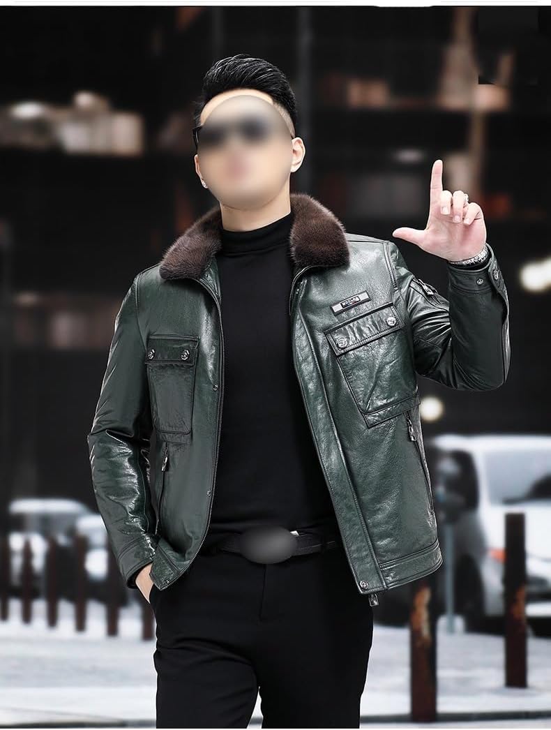 Men's Down Jacket Thickened Leather Outerwear Slim Fit Casual PU Green