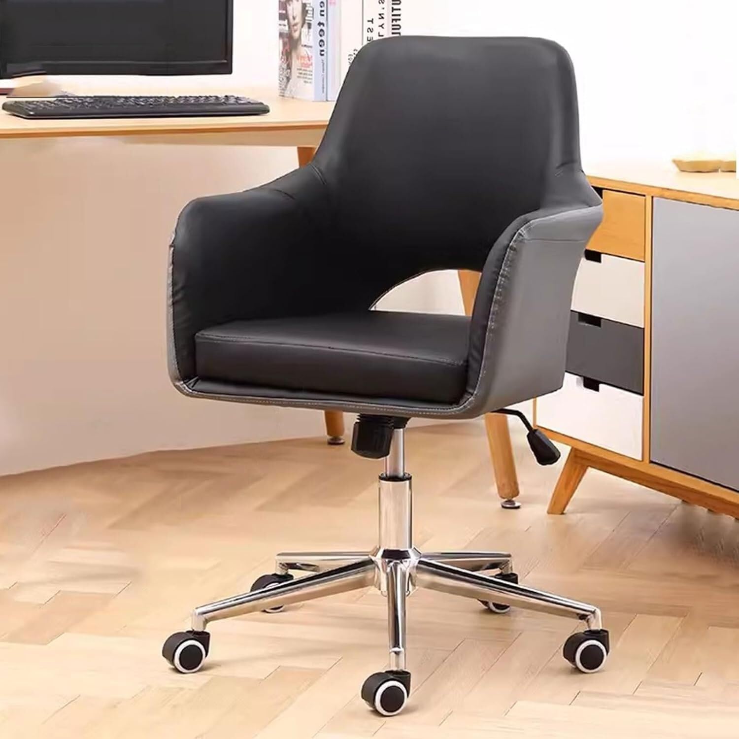 METTEOR Office Chair for Home & Study PU Leather Swivel Task Chair with Armrests Adjustable Cuter Chair for t & Support (Black/B Size)