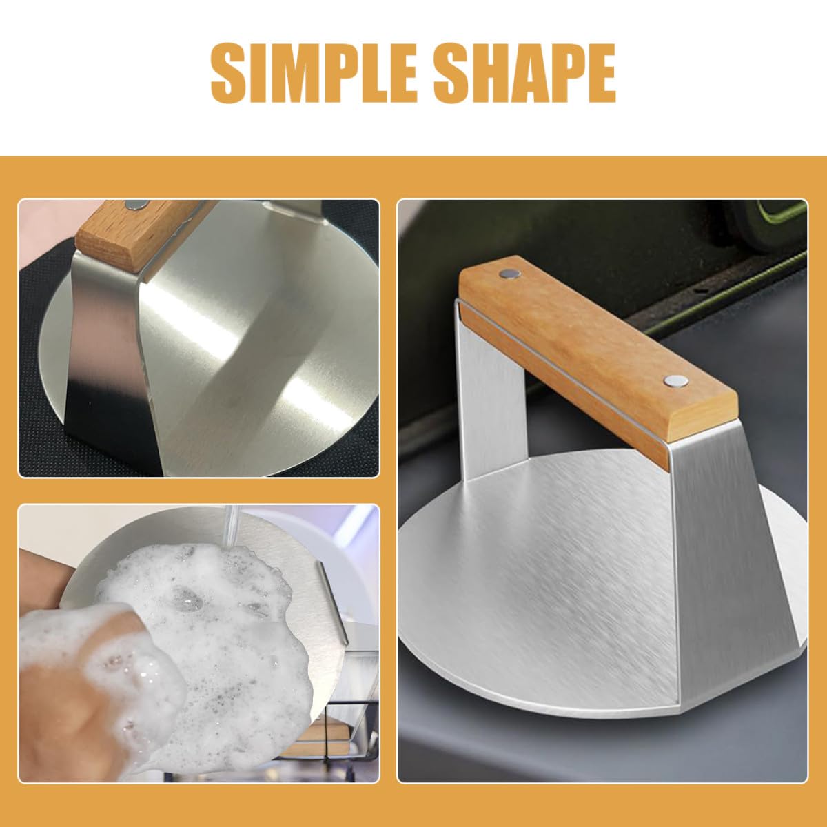 Happyyami Prensa para Hamburguesas Acero Inoxidable Mango de Madera Prensador Manual Molde Redondo para Hamburguesas Caseras Aplastador Cocina Fácil Uso