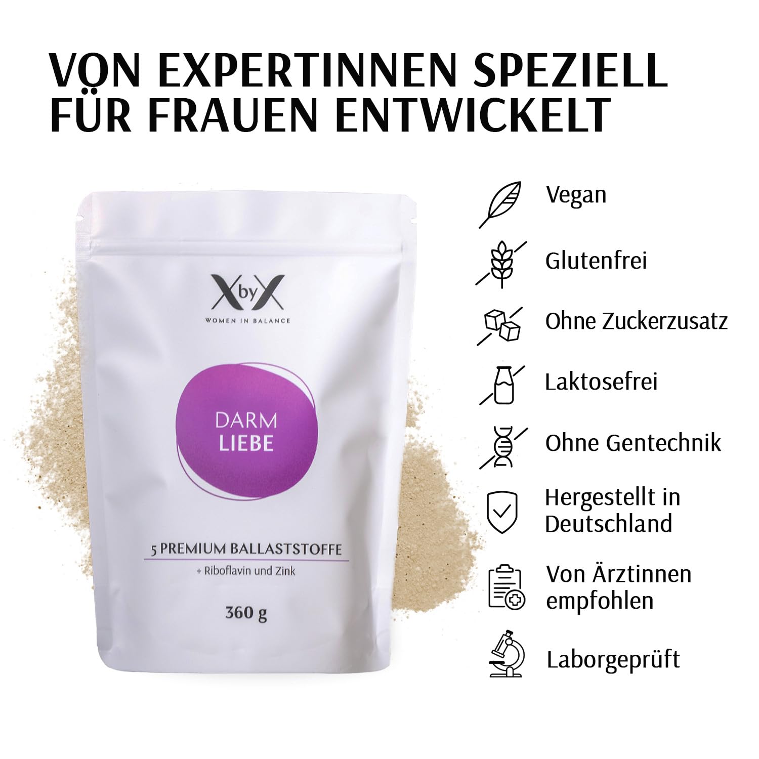 XbyX Darm Liebe | Gesund Abnehmen dank Premium Ballaststoffen | Vegan | Glutenfrei | 360g Pulver zur Unterstützung der Darmgesundheit | Ohne Süßstoffe & künstliche Aromen | Aus Deutschland | 90 Port.