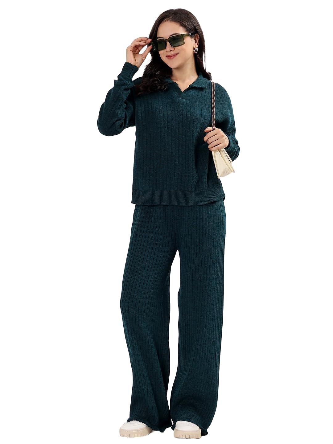 Winter Cord Set for Women Ribbed Knit Tracksuit Pajama Set Two Piece Travel Wear with Collar Polo Sweater Top and Wide Leg Pant Teal Size Large-image-7