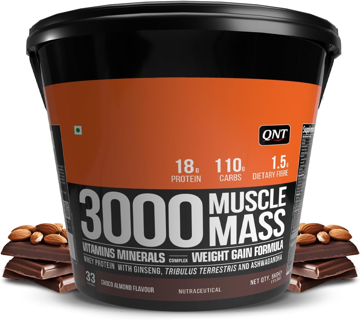 QNT 3000 Muscle Mass Weight Gainer | 18g Protein, 1.5g Creatine, 110g Carbs | 5Kg, Choco Almond | Enriched with Ashwagandha, Ginseng & Tribulus | Supports Muscle Growth & Recovery