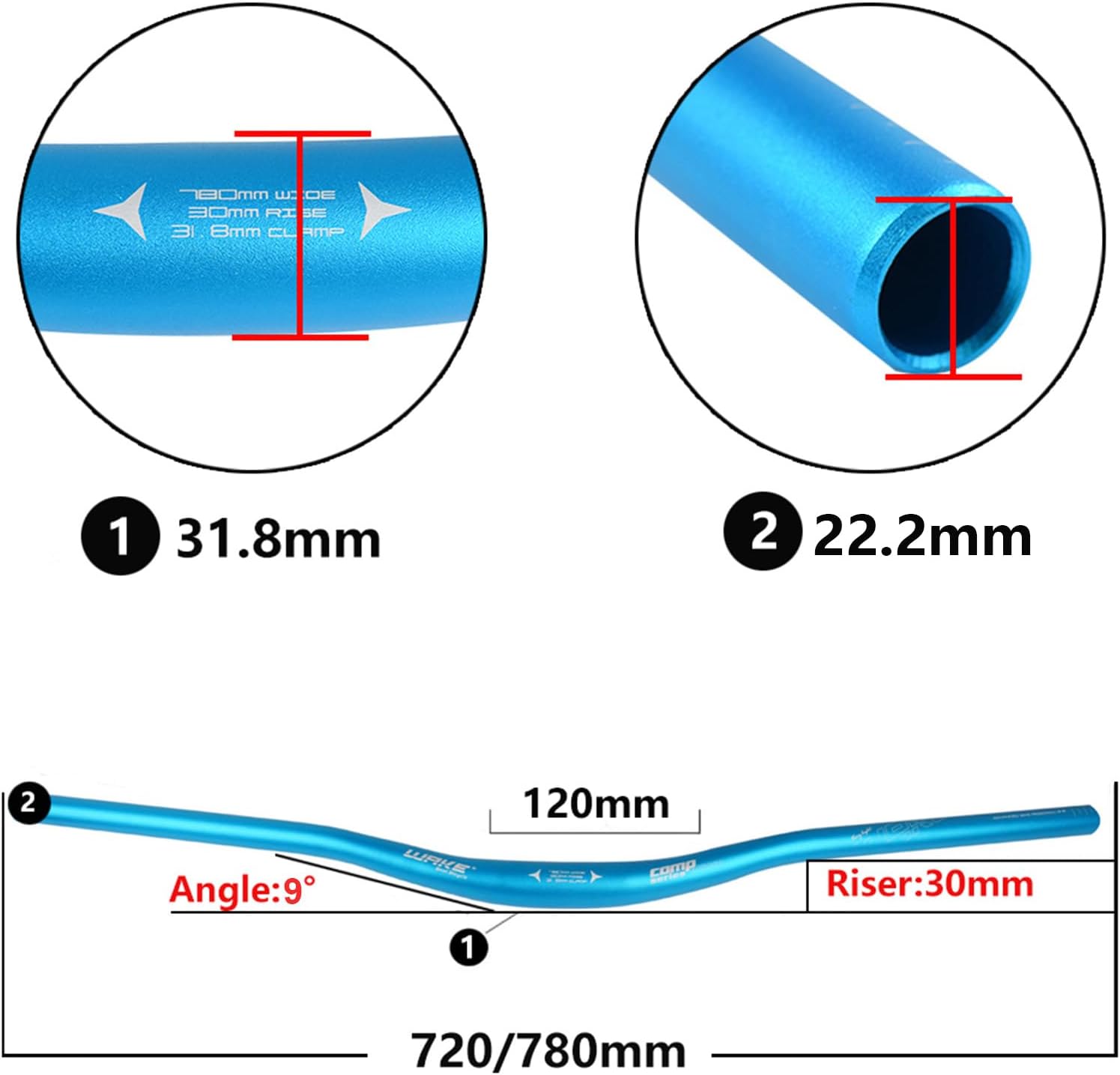 Wake MTB Riser Handlebar,780mm Aluminium Alloy Mountain Bike Handlebar Bicycle Riser Bars