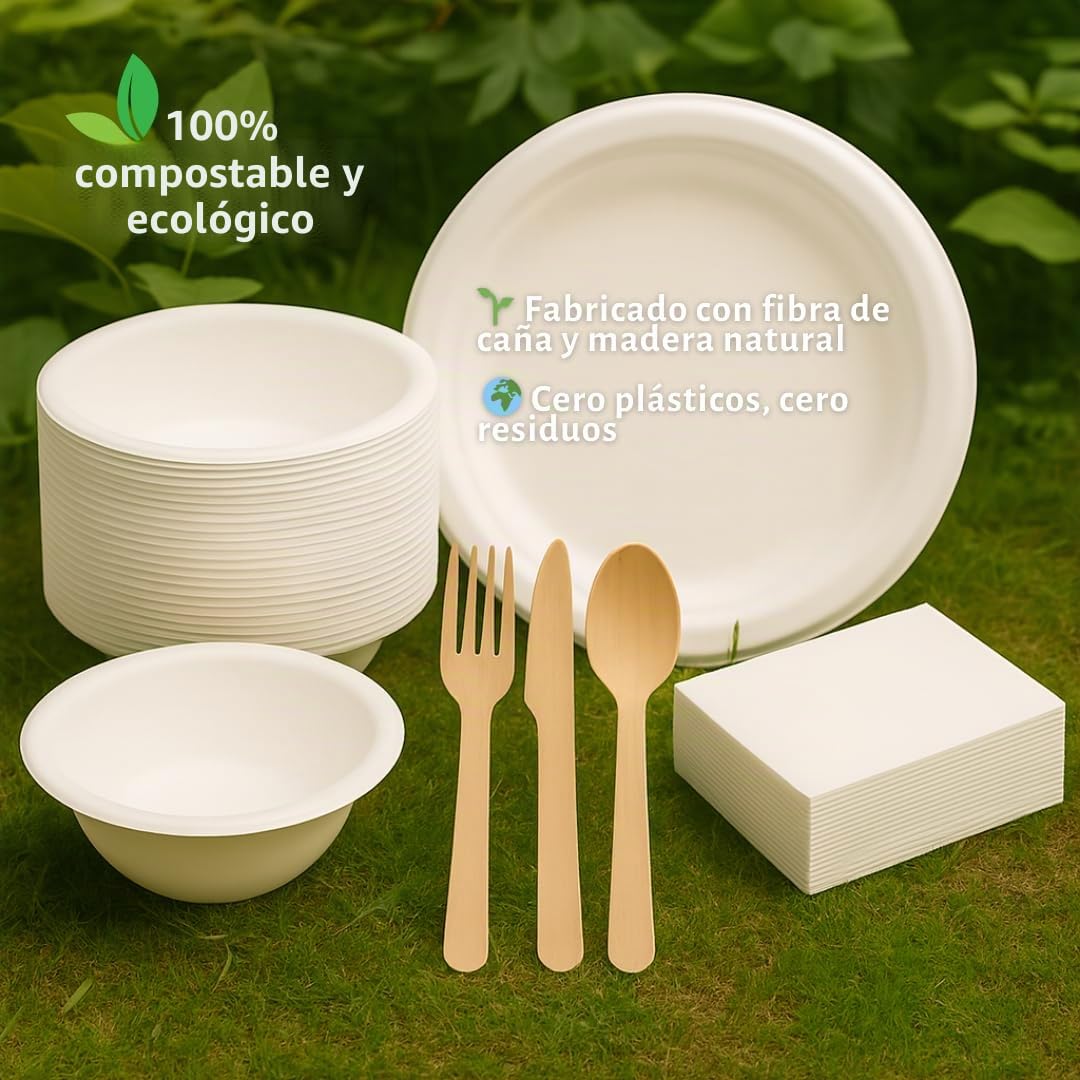 Pack Vajilla Desechable Ecológica para 100 Personas – 600 Piezas Compostables | Platos y Bowls de Caña de Azúcar, Cubiertos de Madera Encerada, 100 Servilletas 20x20 | Biodegradable