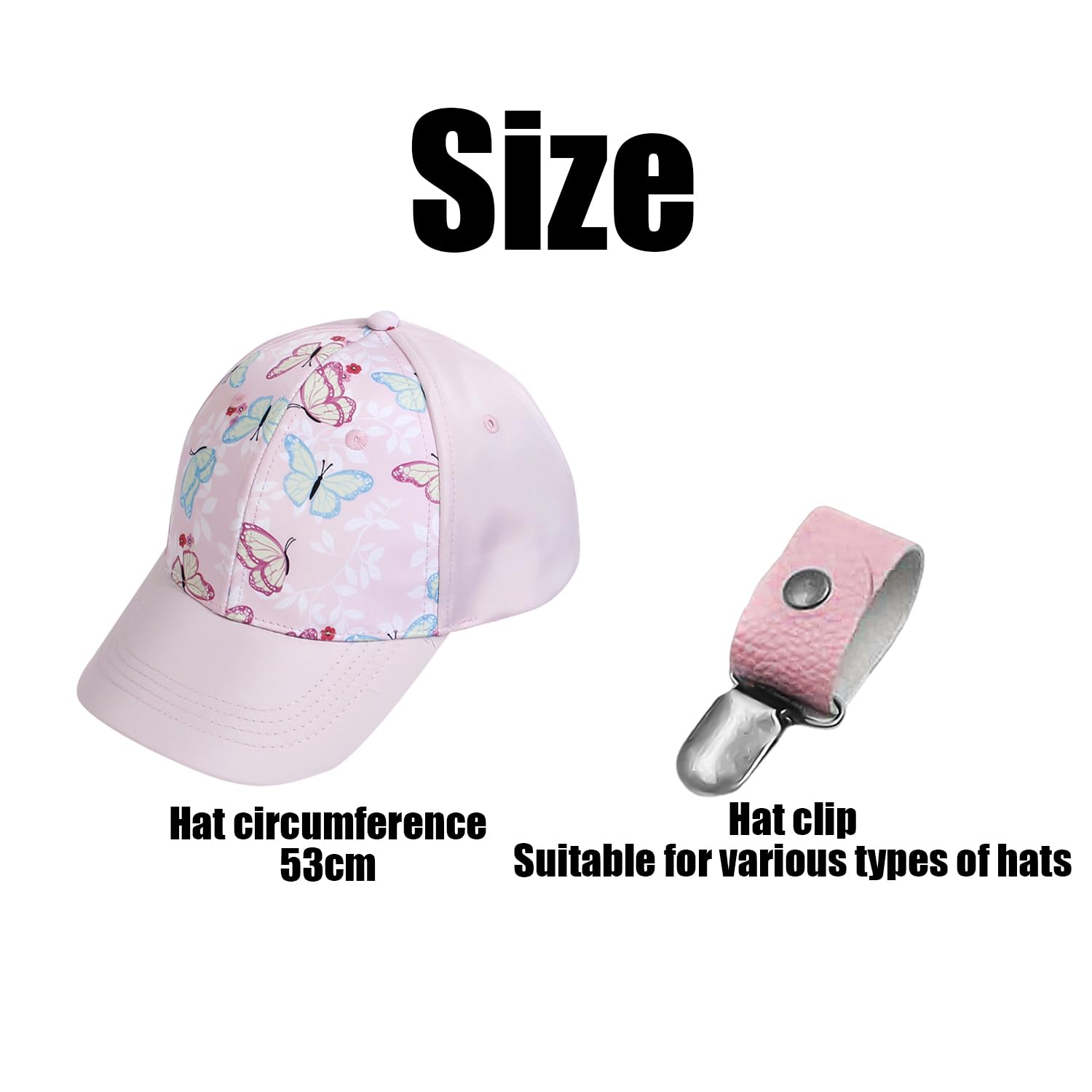 1 Gorra De Béisbol para Niños, 1 Clip para Sombrero, Sombrero De Cola De Caballo para Niñas, Sombrero para El Sol De ala Ancha, Sombrero con Visera con Estampado De Mariposas
