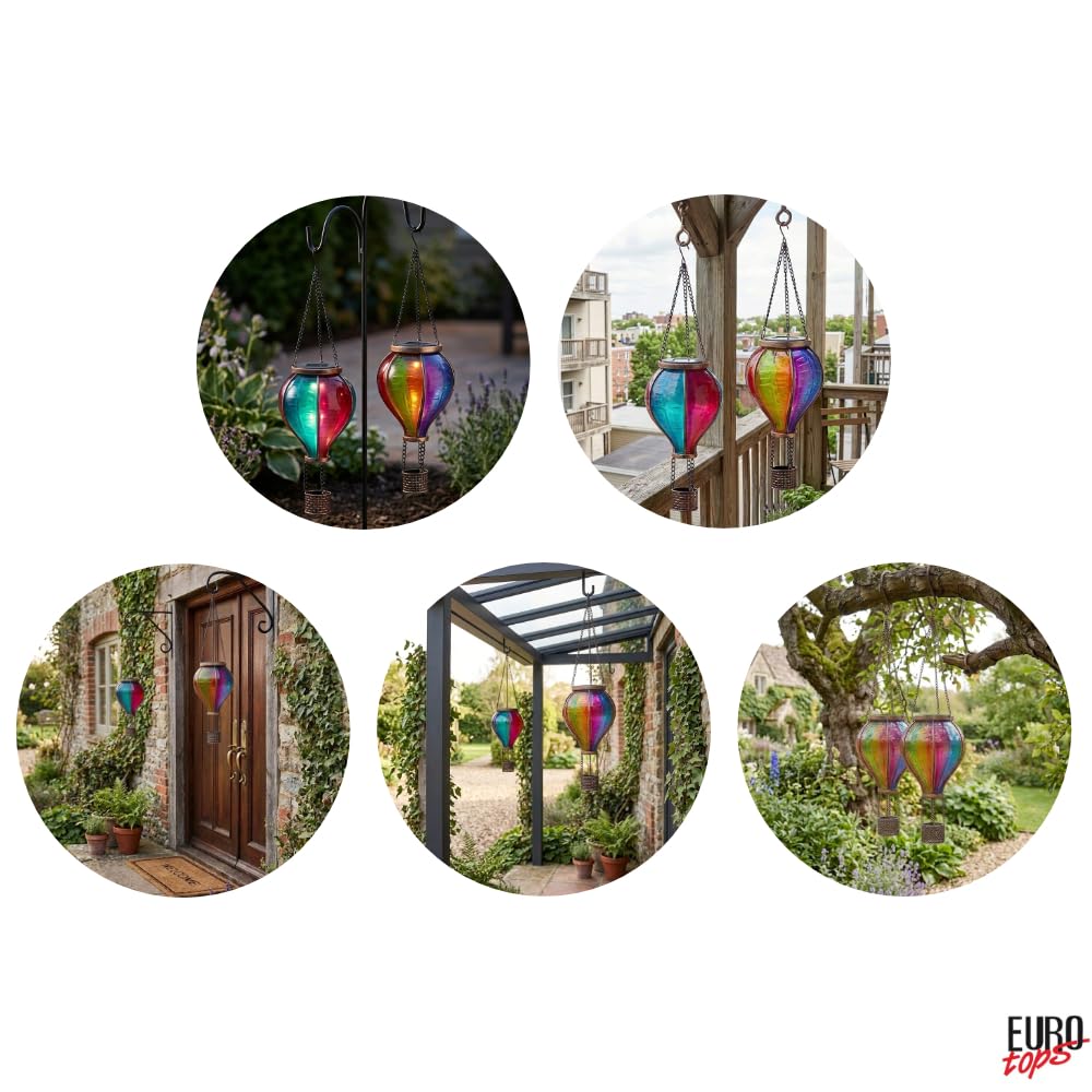 EUROtops Montgolfière solaire - Couleurs vives, 12 / 20 / 40 LED vacillantes, plastique résistant aux intempéries, décoration extérieure / éclairage LED à suspendre pour jardin et balcon (Duo (lot de