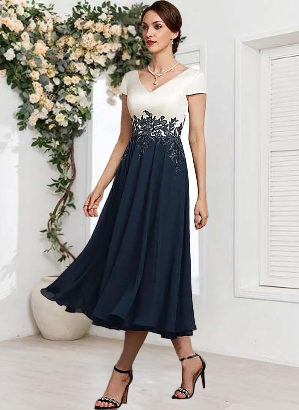 HUINI Damen Brautmutterkleider für Hochzeit Tee Länge V-Ausschnitt Chiffon Applikationen Spitze Hochzeitsgastenkleid formelles Abendkleid Elegant Für Hochzeit