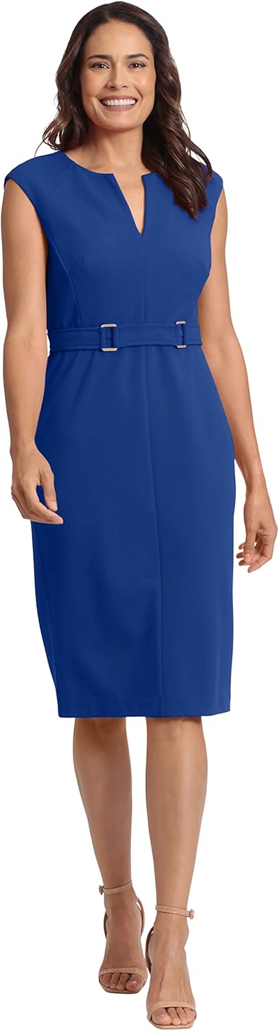 London Times Women's Plus Size Extended Shoulder Buckle Waist Sheath Midi