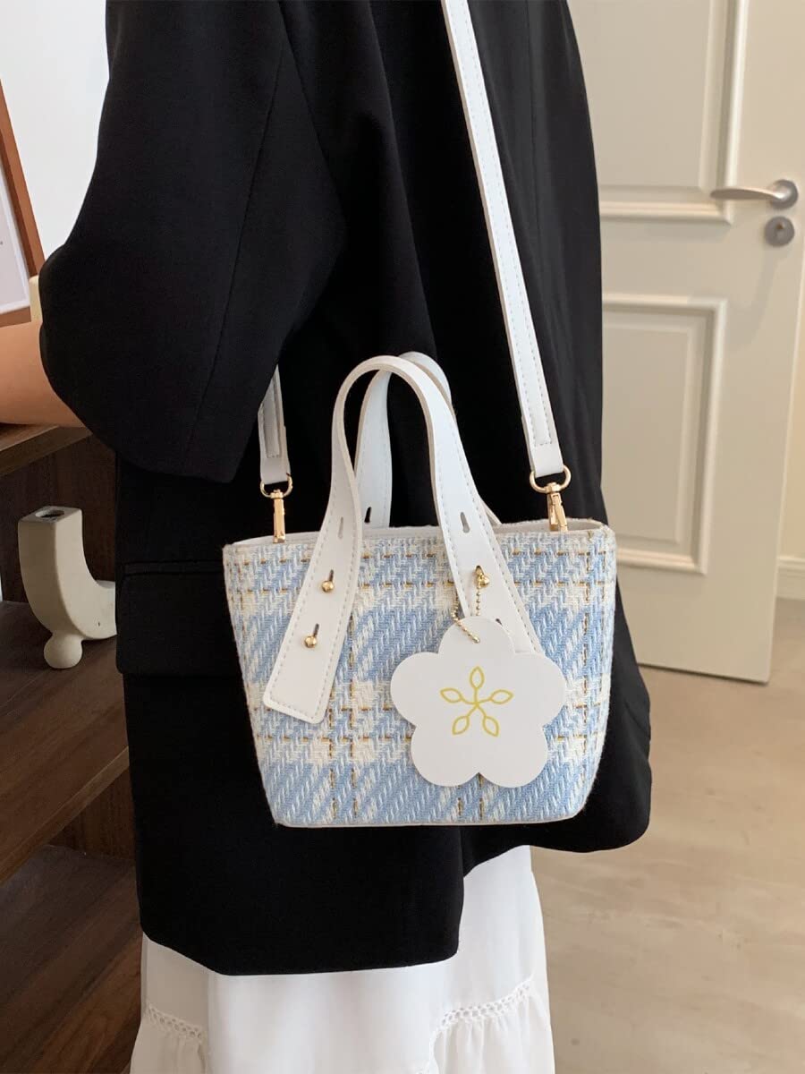 Zfl-fls Tote Bag for Women， Tartan Tweed Bucket Bag (Color : White, Size : OneSize)