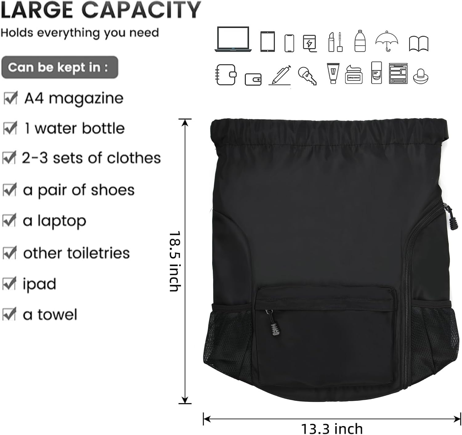Valleycomfy Waterproof Drawstring Gym Backpack Bag for Men & Women,Sports Gym Bag with Side Pocket Black - Image 3