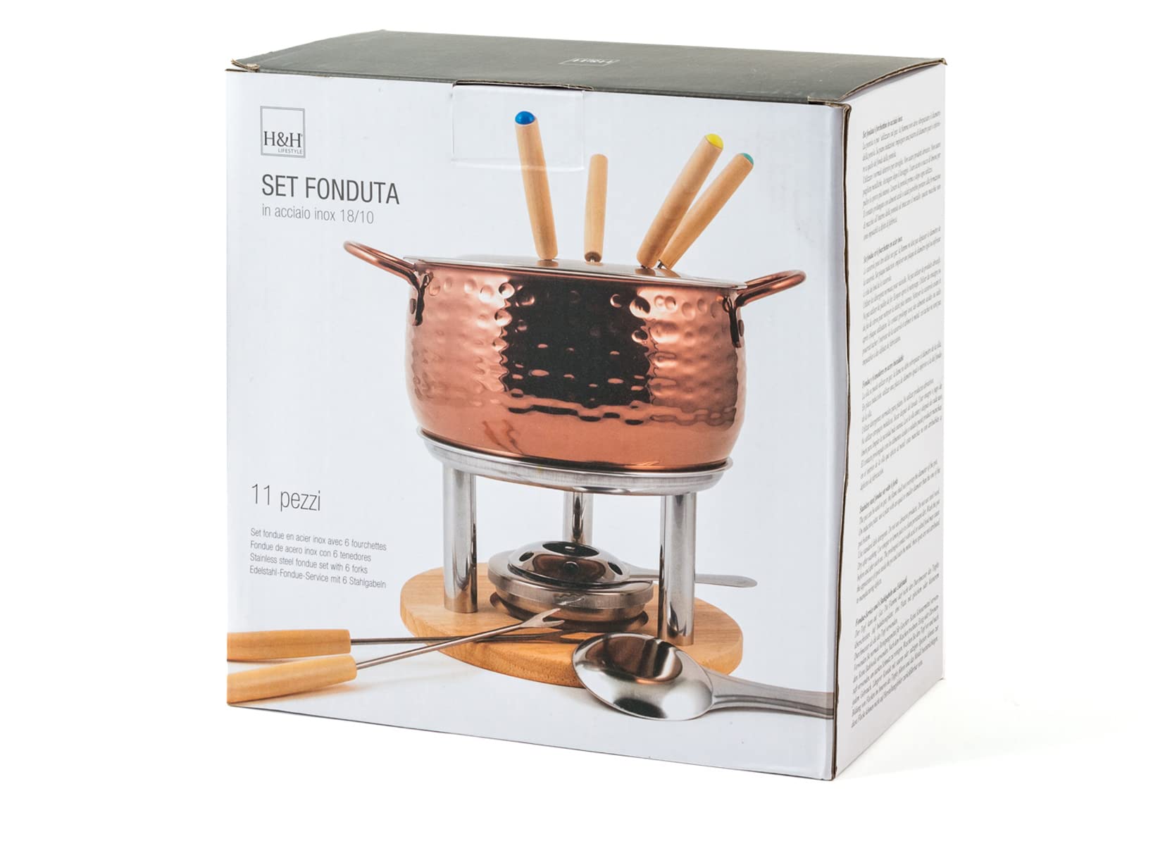 HOME 9830100 Rose Servizio Fonduta 11 Pezzi per 6 Persone in Acciaio Inox 18/10, Bourguignonne, Cioccolato, Formaggi