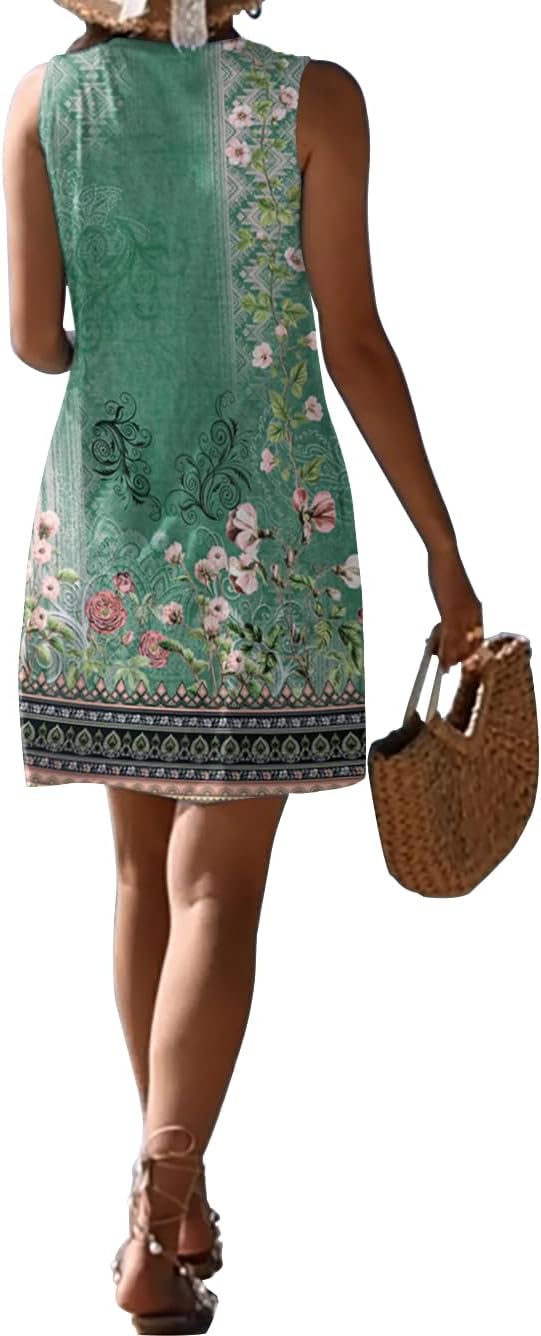 Pleated Front Summer Dresses for Women 2025 Casual Beach Floral Print Sundress Boho Tank Dress - Image 4