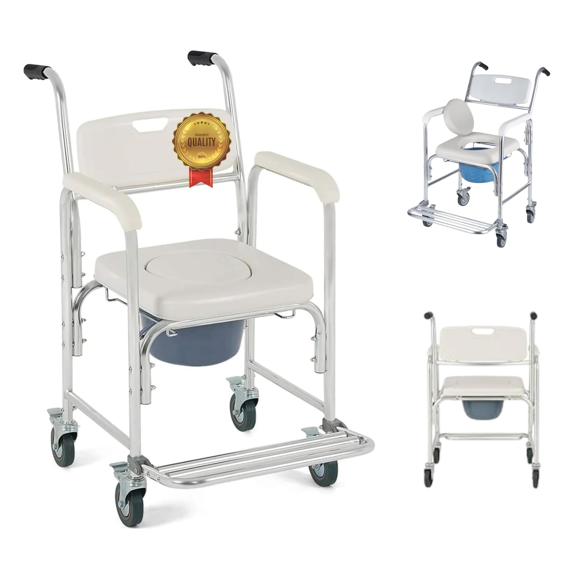 Silla Ducha Mayores 4 en 1 | Silla Ducha Personas Mayores | Inodoro Portatil para Minusvalidos | Silla WC Personas Mayores | Silla de Ruedas con Inodoro Acolchado y Alzador WC Adulto