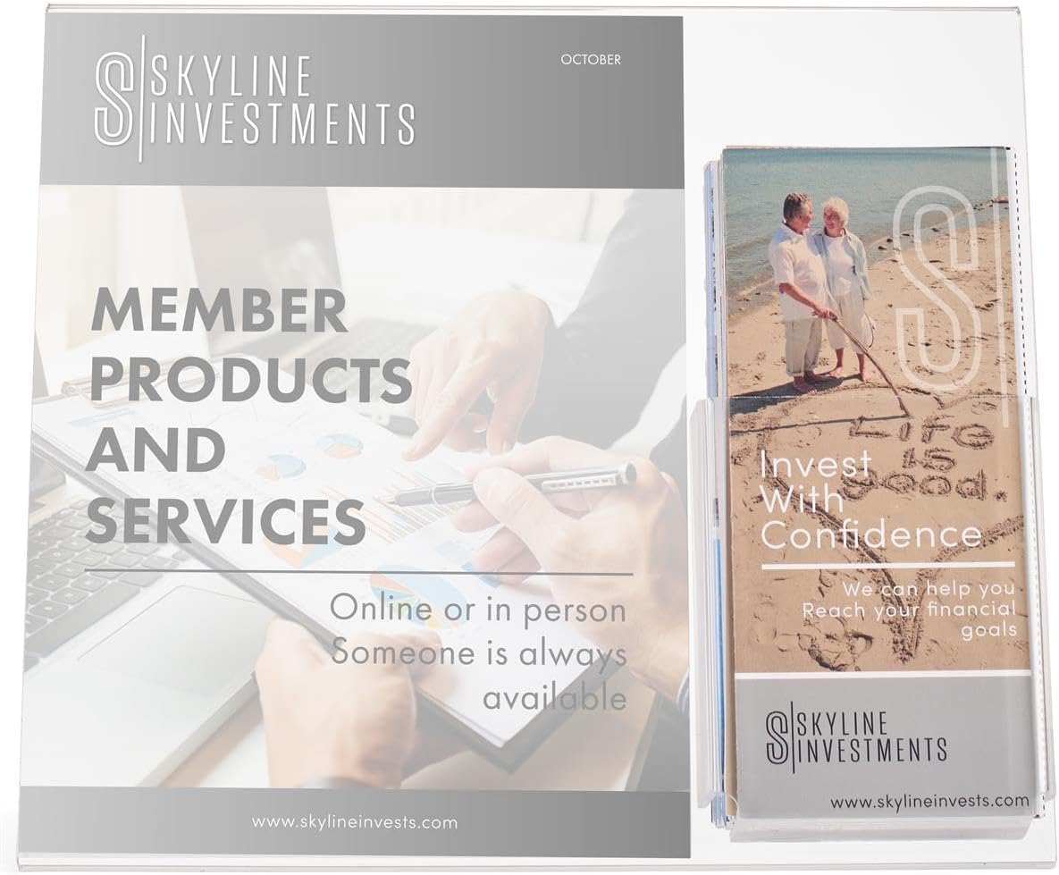 Displays2go Set of 10, Sign Frames with Brochure Pocket for 8.5”w x 11”x or 13” x 11” Posters, Literature Pocket Holds 4" w Pamphlets, Tabletop Sign Holders with Slant Back Styling