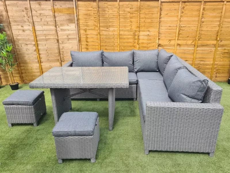 Image of DEVOKO 5 Piece Patio Furniture Set,All Weather Outdoor L Shape Sofa, Rattan Dining Conversation Sectional with Table, Ottomans in Grey Color for Porch, Garden